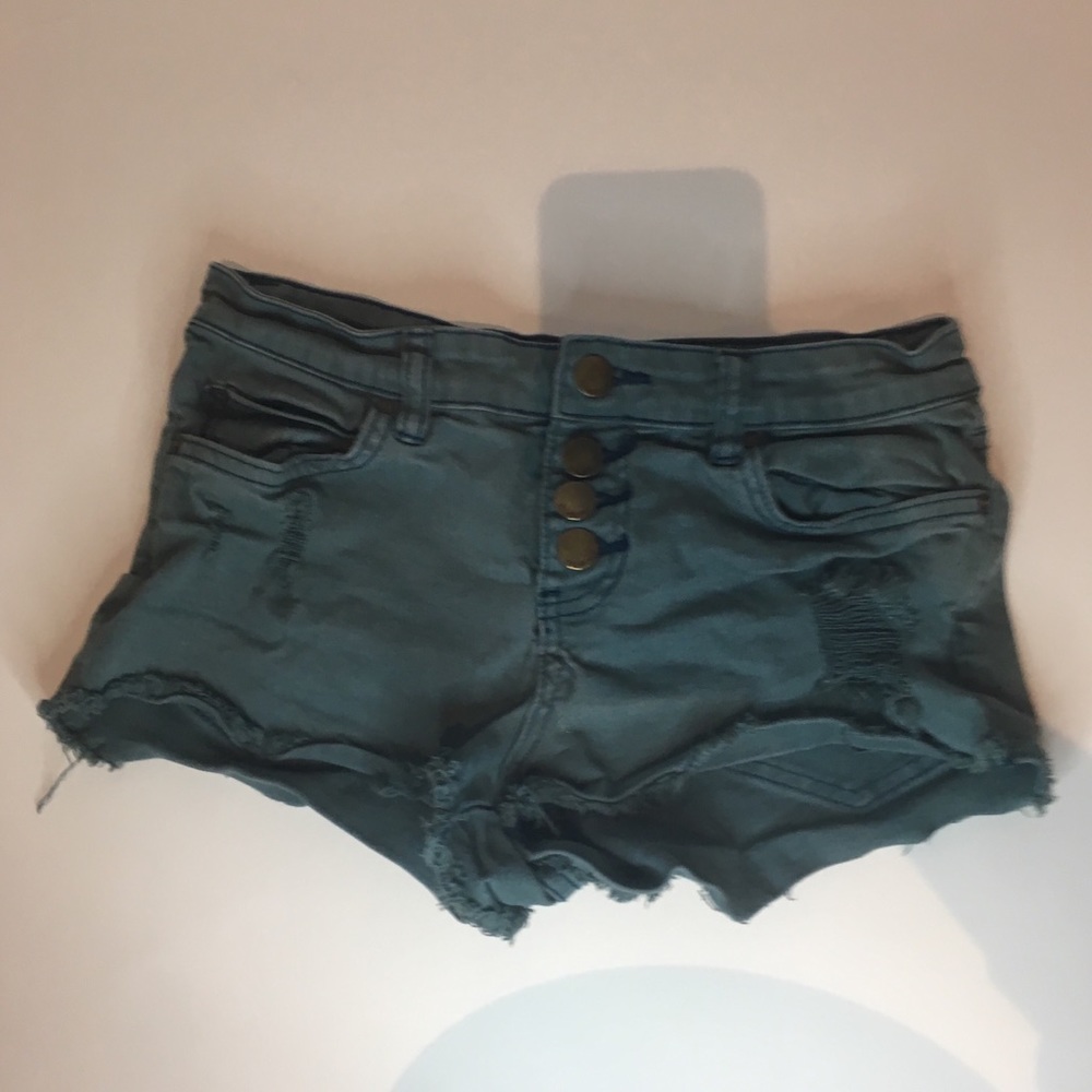 Faded Teal High Waisted Button Up Ripped Shorts